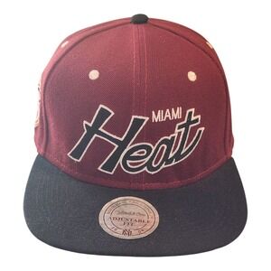 Mitchell & Ness Miami Heat Snapback Hat Burgundy Black NBA Flat Brim Cap Mens